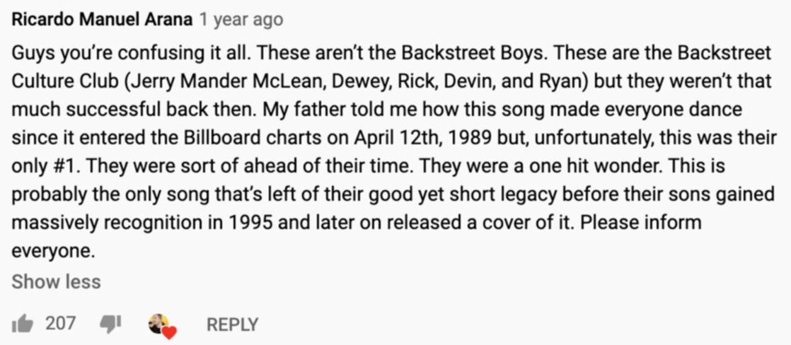 Screenshot of YouTube comment
